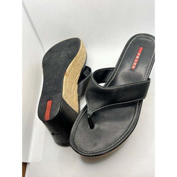 Prada Black Leather Wedge Thong Sandals - Picture 8 of 10